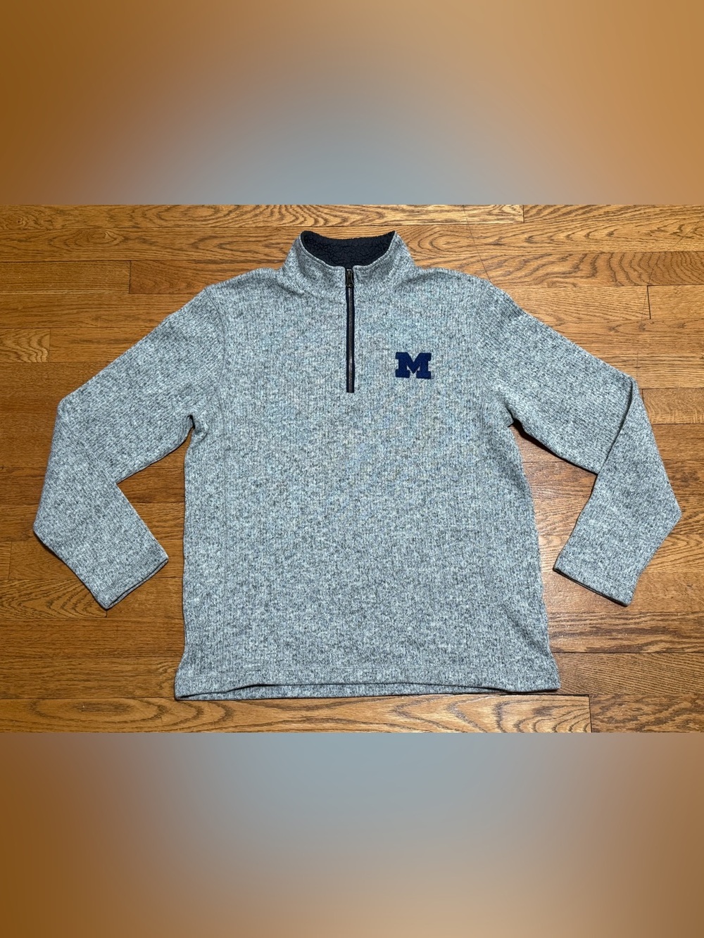 Men's Gray Quarter-Zip Pullover Sweater with Navy 'M'